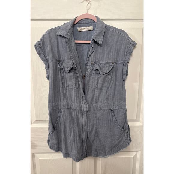 We the Free Just Say When Denim Blue Linen Blend Tunic Top, XS - Picture 3 of 8